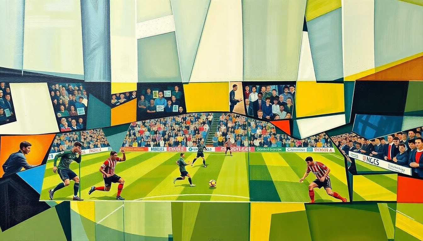 A cubist, geometric painting depicting fragmented, overlapping views of a football match or training session, conveying the energy and dynamism of the sport.