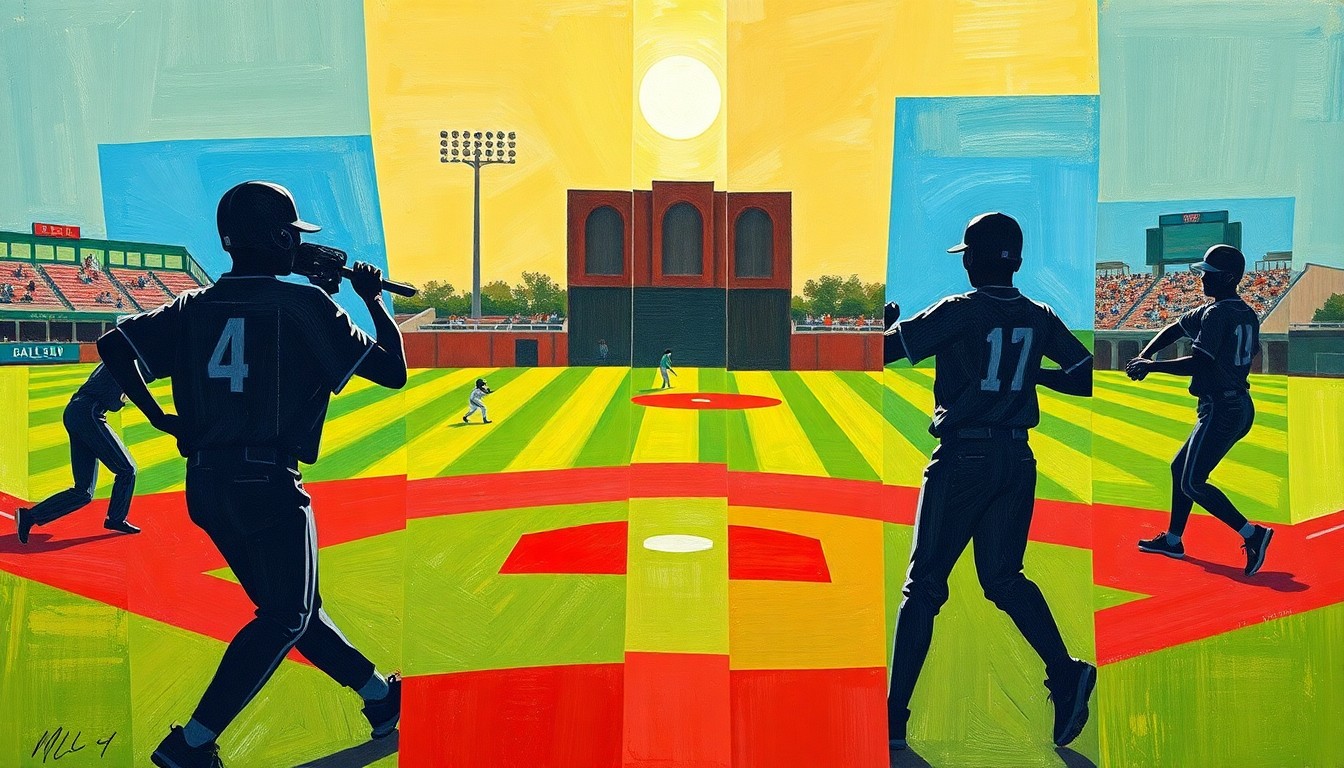A fragmented, geometric painting depicting the dynamic movement and energy of a high school baseball game, with players' forms broken down into overlapping planes of color and shape.