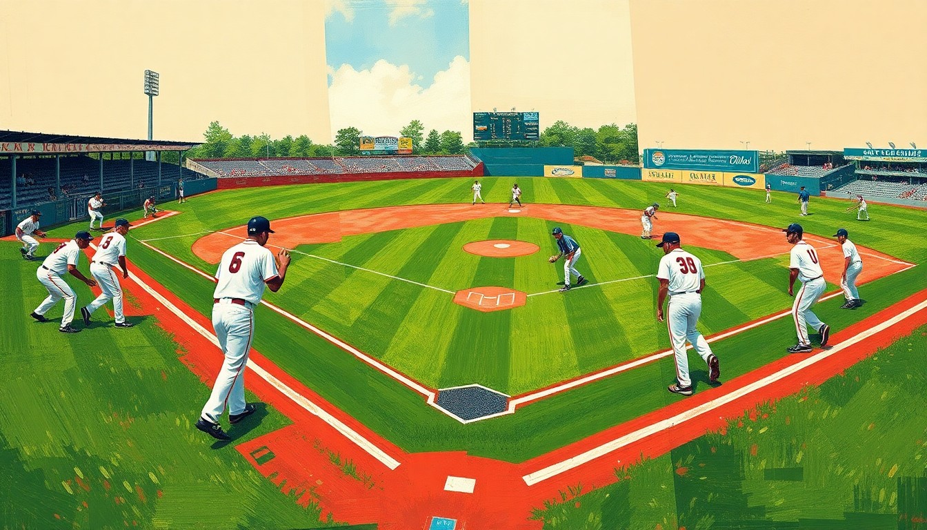 A cubist, geometric painting depicting a high school baseball game, with overlapping planes of green, red, and white representing the field, players, and uniforms.