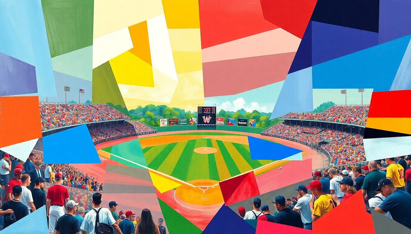 A cubist, geometric painting in the team colors of Warrior Run and Hughesville, capturing the dynamic action and competitive spirit of a high school baseball game.