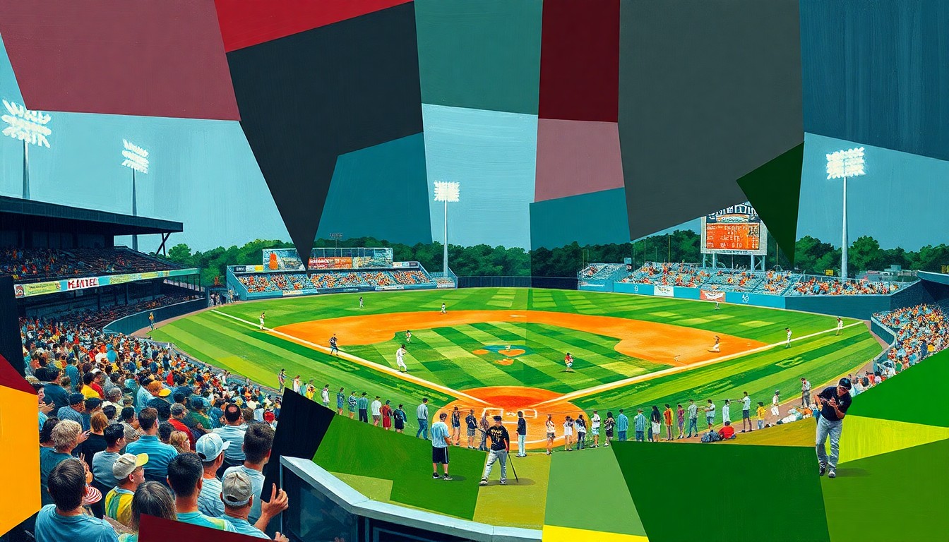 A fragmented, geometric painting depicting a high school baseball game, with players, the field, and spectators broken down into overlapping planes of color and shape.