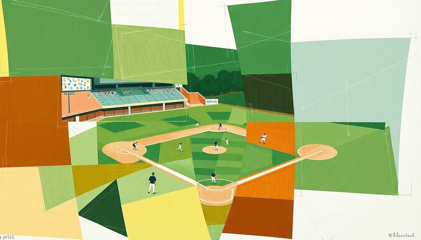A cubist, geometric painting depicting a high school baseball game, with overlapping planes of green, brown, and white representing the field, players, and action.