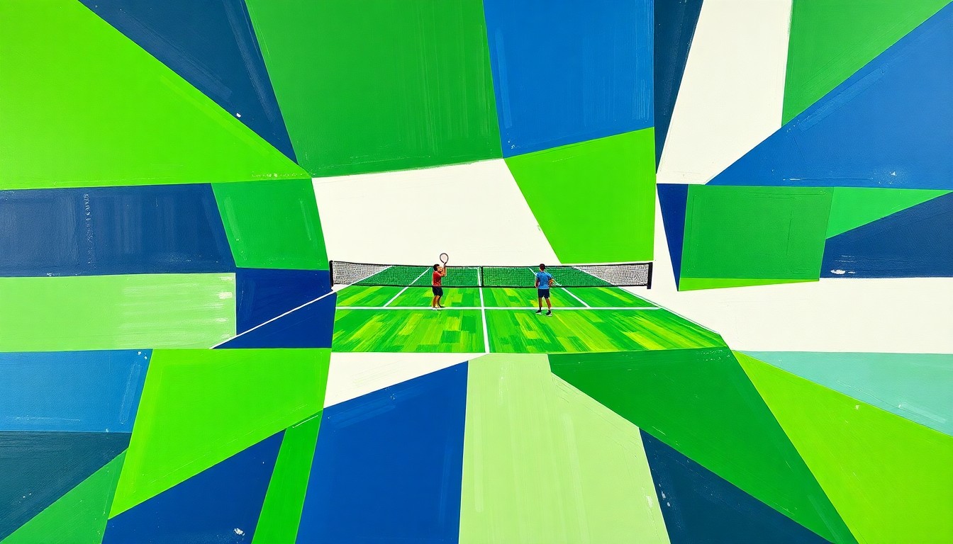 A cubist, geometric painting depicting a high school tennis match, with overlapping planes of bright green, navy blue, and white representing the dynamic action on the court.
