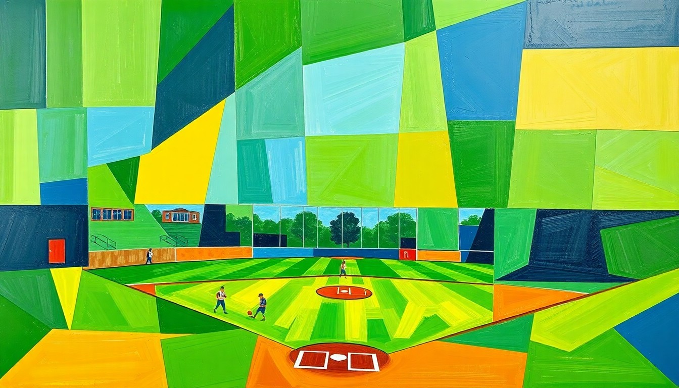 A cubist, geometric painting depicting a high school softball game, with overlapping planes of bright green, navy blue, and gold representing the dynamic action on the field.