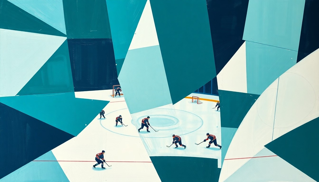 A cubist-style painting depicting a hockey game broken down into sharp, overlapping geometric shapes in teal, navy, and white, conveying the dynamic energy of the sport.