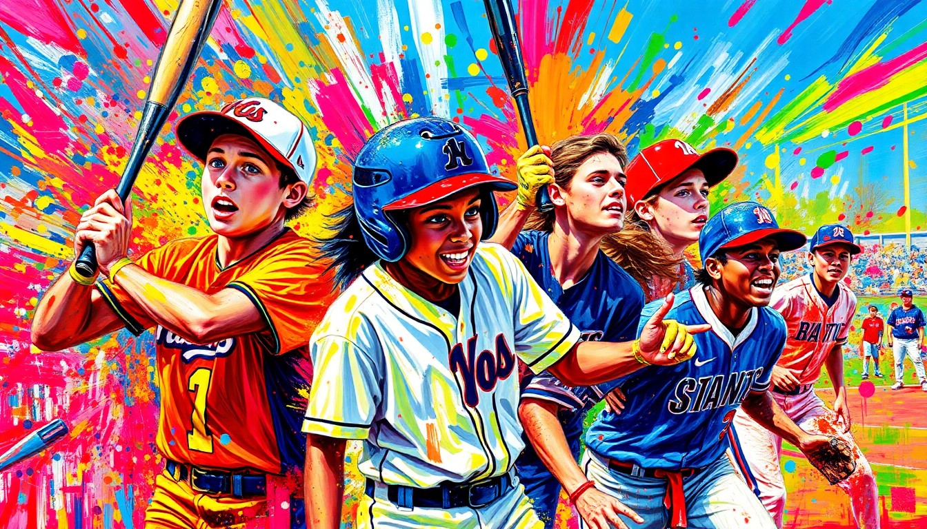 An abstract, expressionist painting featuring bold, energetic brushstrokes in neon shades of green, blue, and orange, capturing the dynamic motion and intensity of a high school softball game.