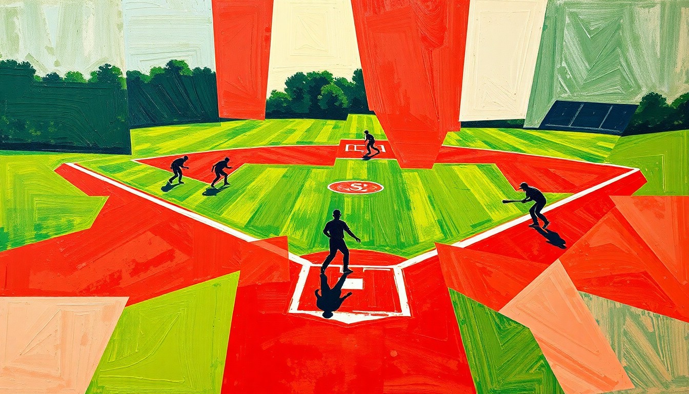 A cubist-style painting depicting a softball game broken down into fragmented geometric shapes and planes of color, capturing the dynamic motion and intensity of the sport.