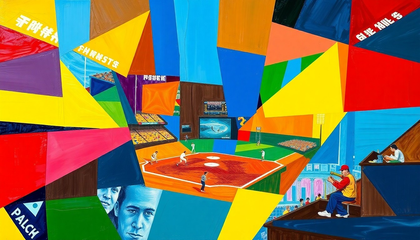 A fragmented, cubist-style painting depicting a baseball game, with sharp geometric shapes and planes of color representing the players, field, and action, without any identifiable faces or logos.