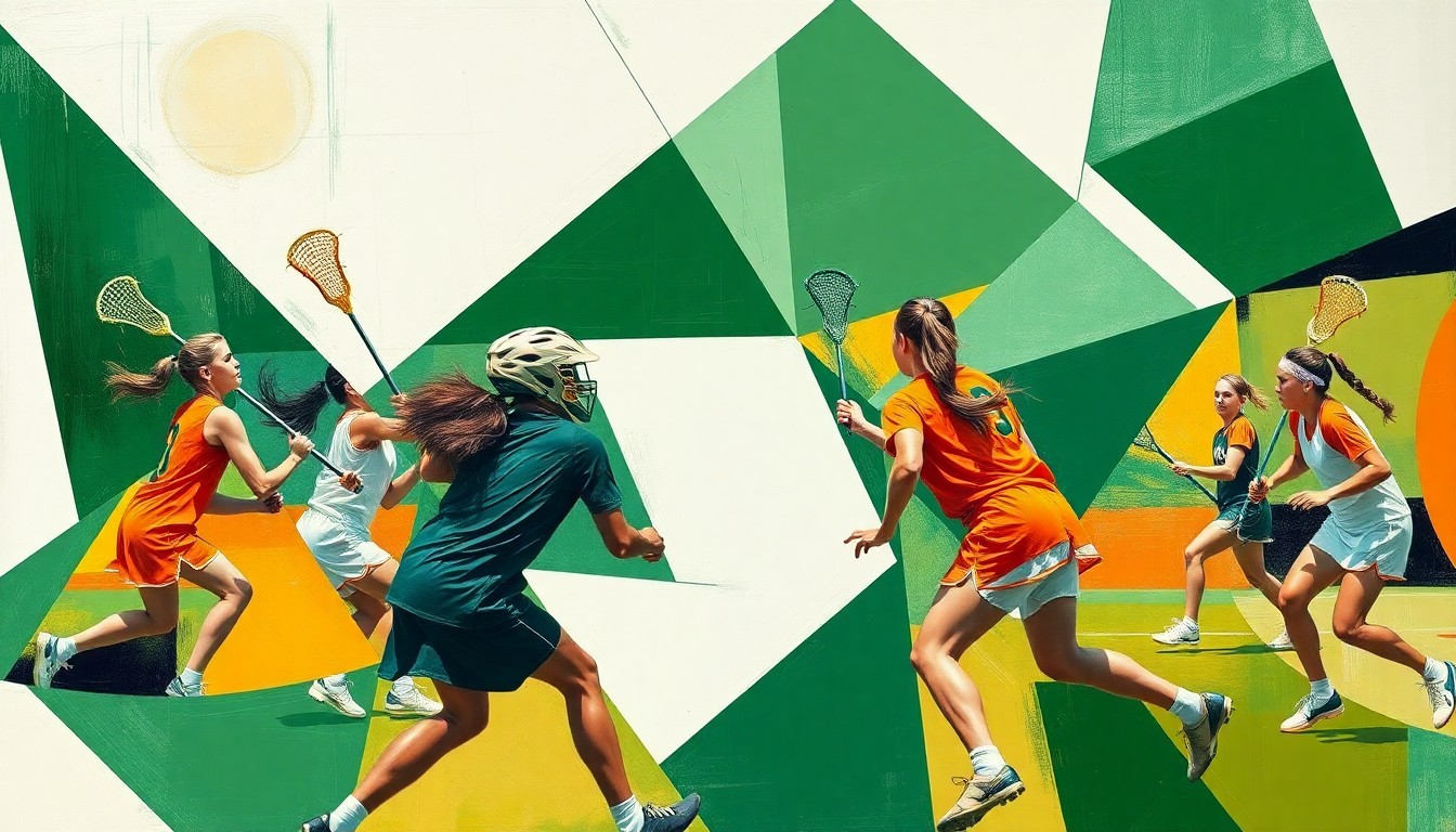A cubist-style painting featuring overlapping geometric shapes and planes of green, white, and orange, capturing the dynamic motion and energy of a girls lacrosse game.