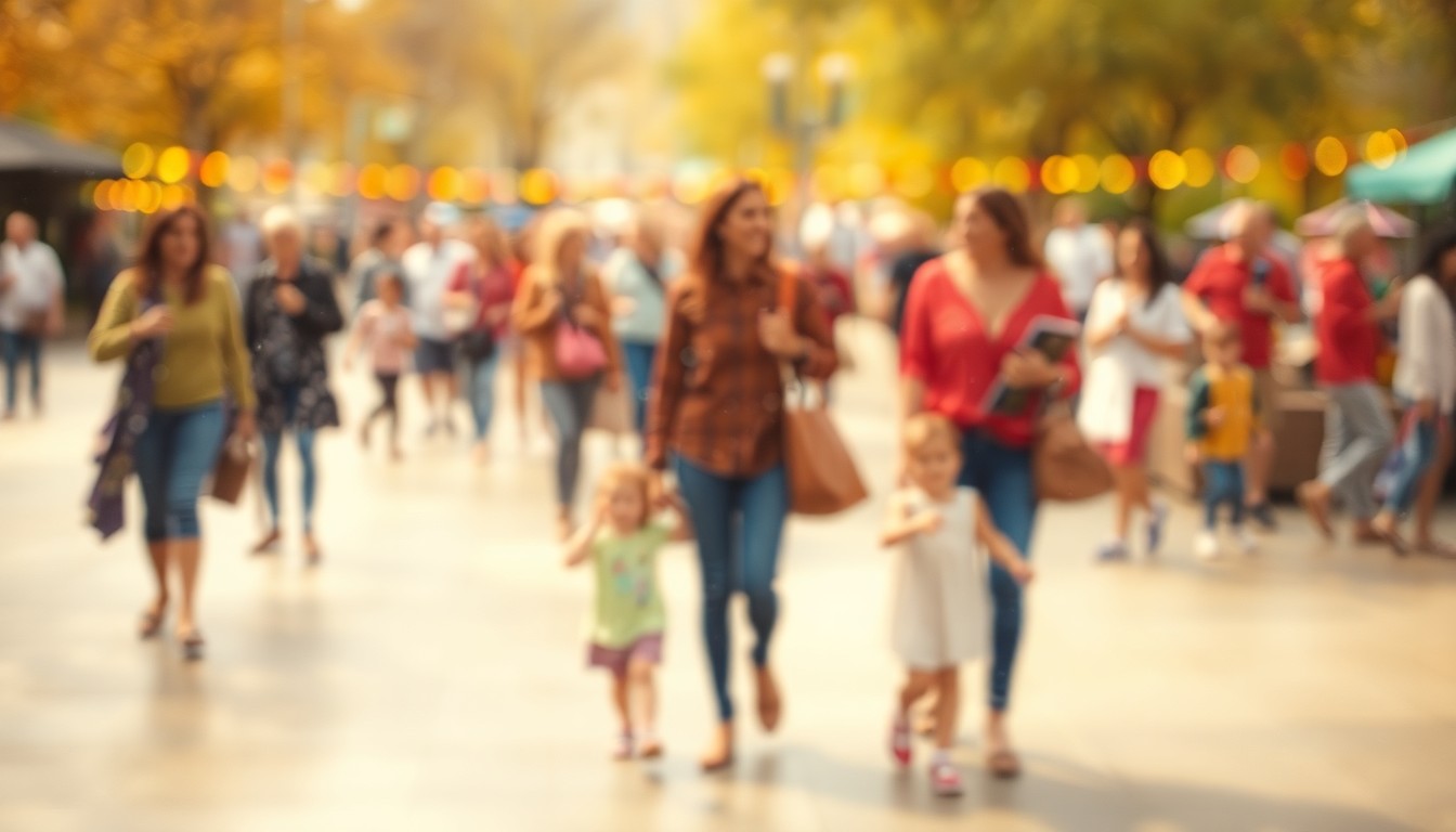 An abstract, out-of-focus photograph in warm tones showing the blurred silhouettes of mothers and children walking together, conveying the sense of community and wellness at the Miles2Moms event.