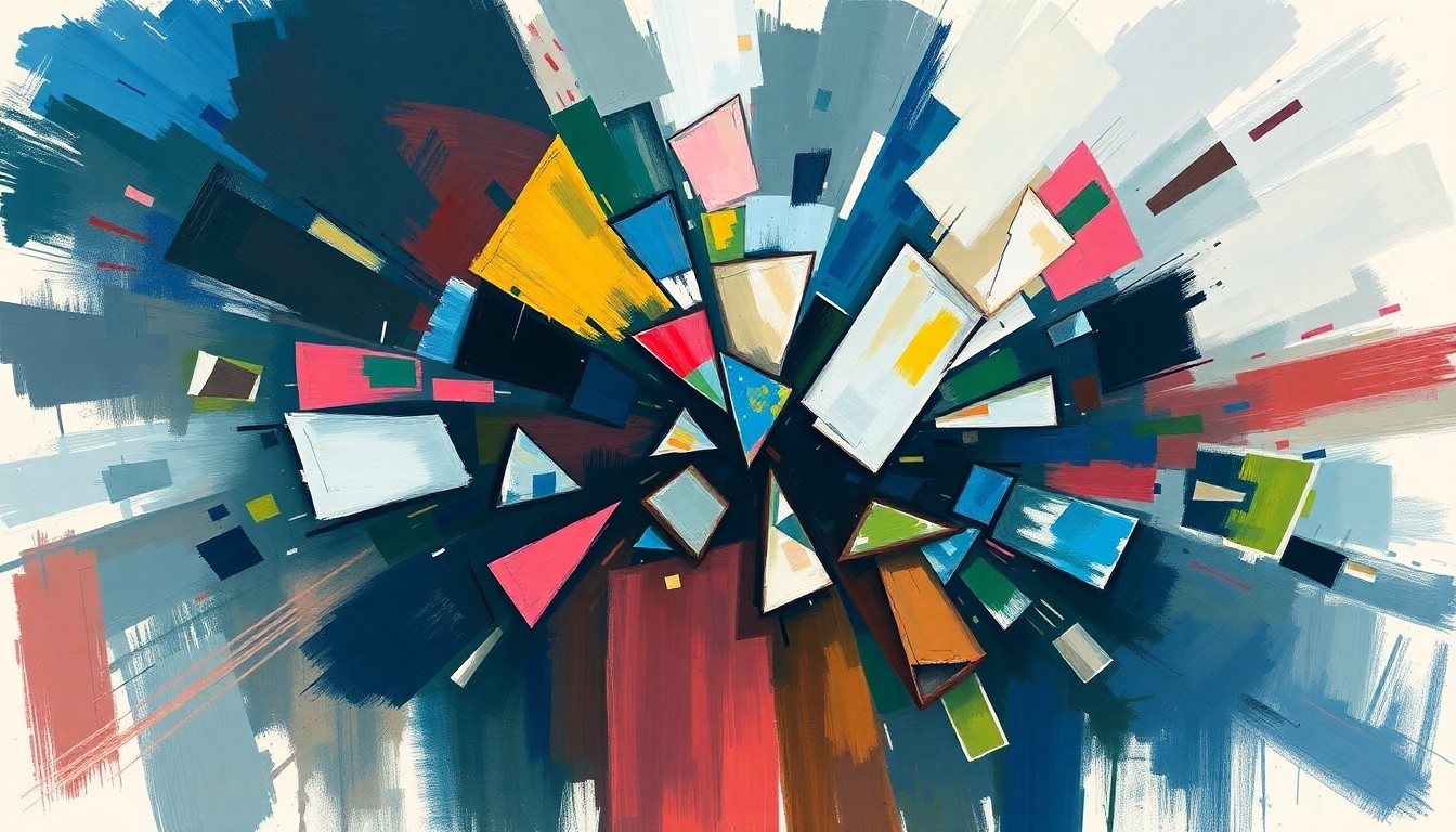 An abstract, fragmented painting in bold colors depicting the shapes and forms of a voting booth or ballot box, conveying a sense of political tension and uncertainty.