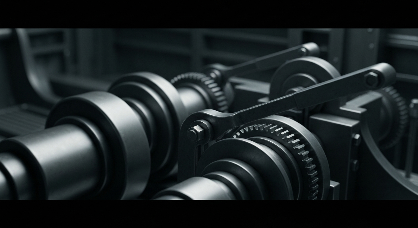 An extreme close-up of intricate, heavy-duty banking machinery and components, conveying the powerful, industrial nature of the finance industry.