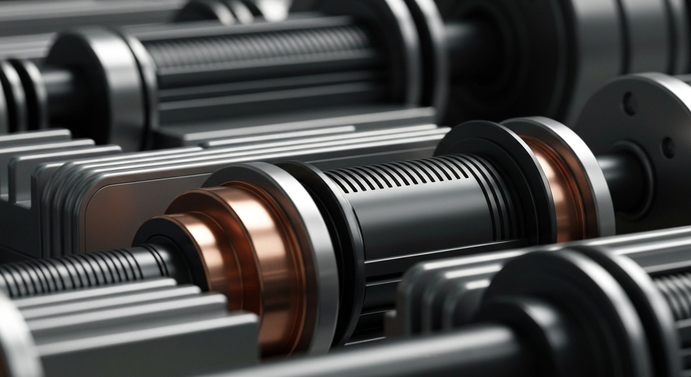 An extreme close-up of intricately detailed banking machinery and equipment, capturing the heavy, industrial nature of financial infrastructure without using any literal currency or financial symbols.