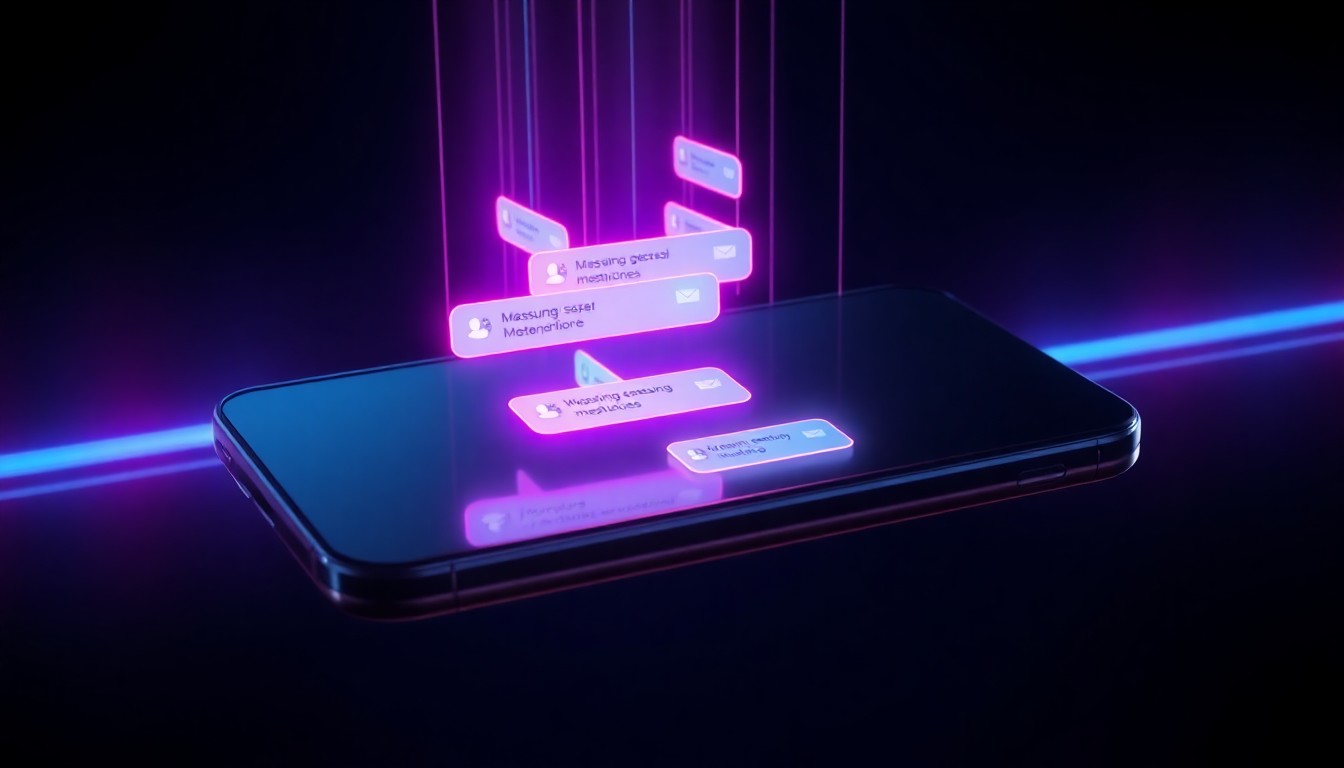 A highly detailed, glowing 3D illustration of a futuristic smartphone with holographic messaging interfaces emerging from the screen, bathed in neon cyan and magenta lights, suspended against a dark, shadowy background.