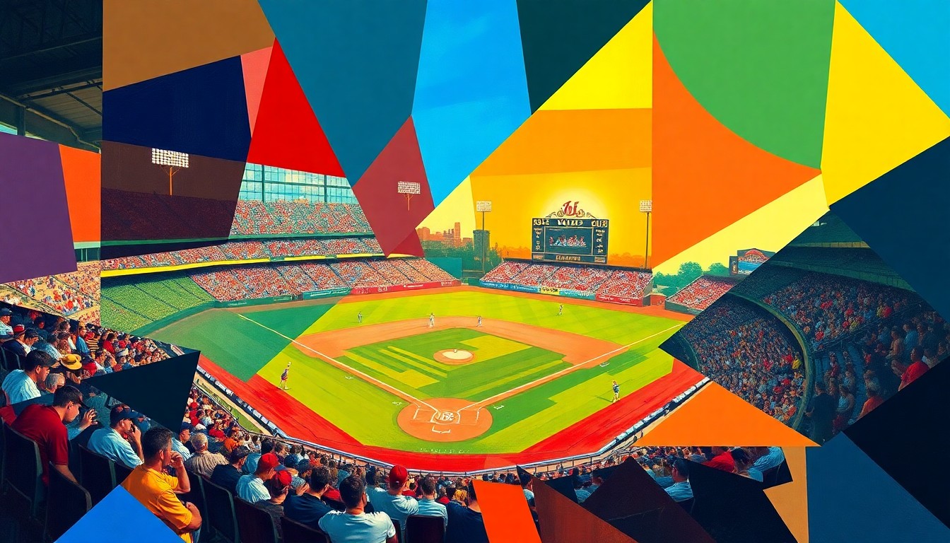 A cubist-style painting featuring overlapping geometric shapes and planes of bright blue, red, and yellow, capturing the energy and motion of a college baseball game.
