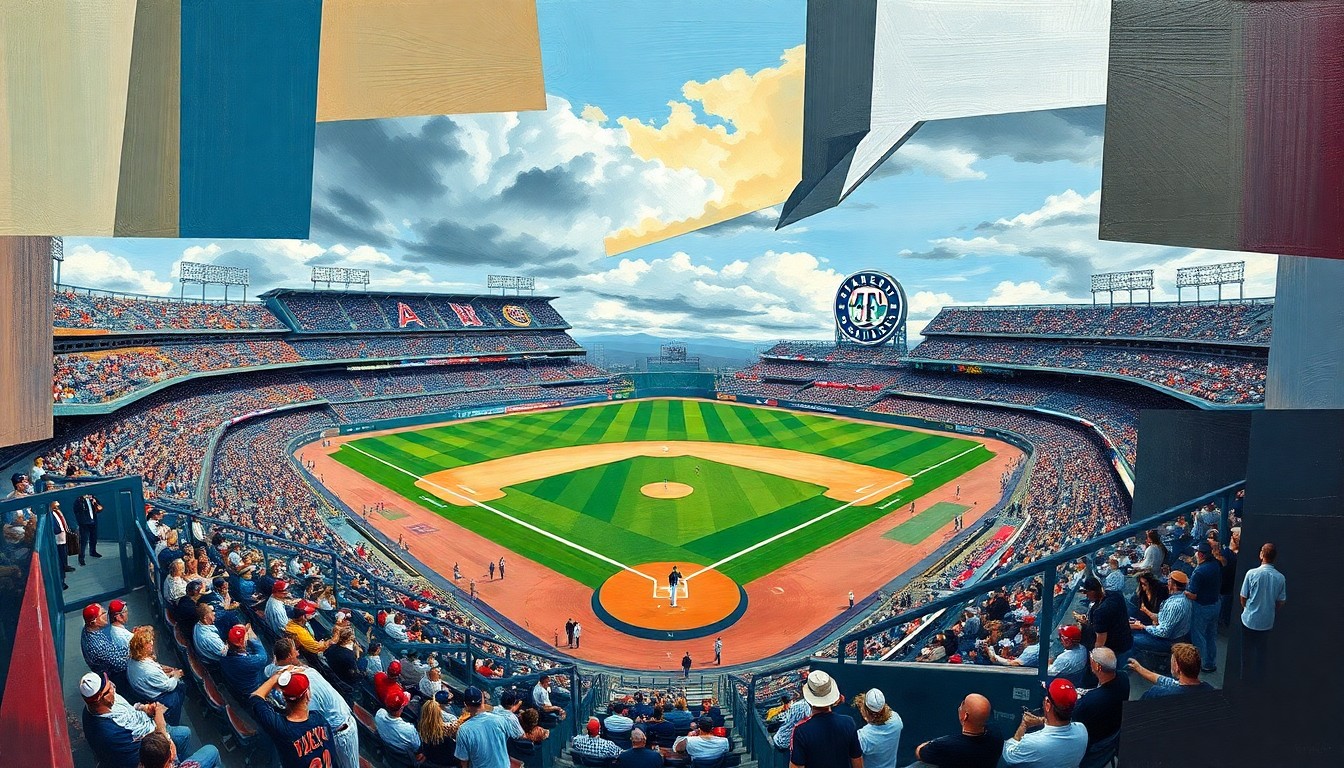 A cubist-style painting featuring overlapping geometric shapes and planes in shades of blue, green, and red, representing the action and movement of a baseball game.