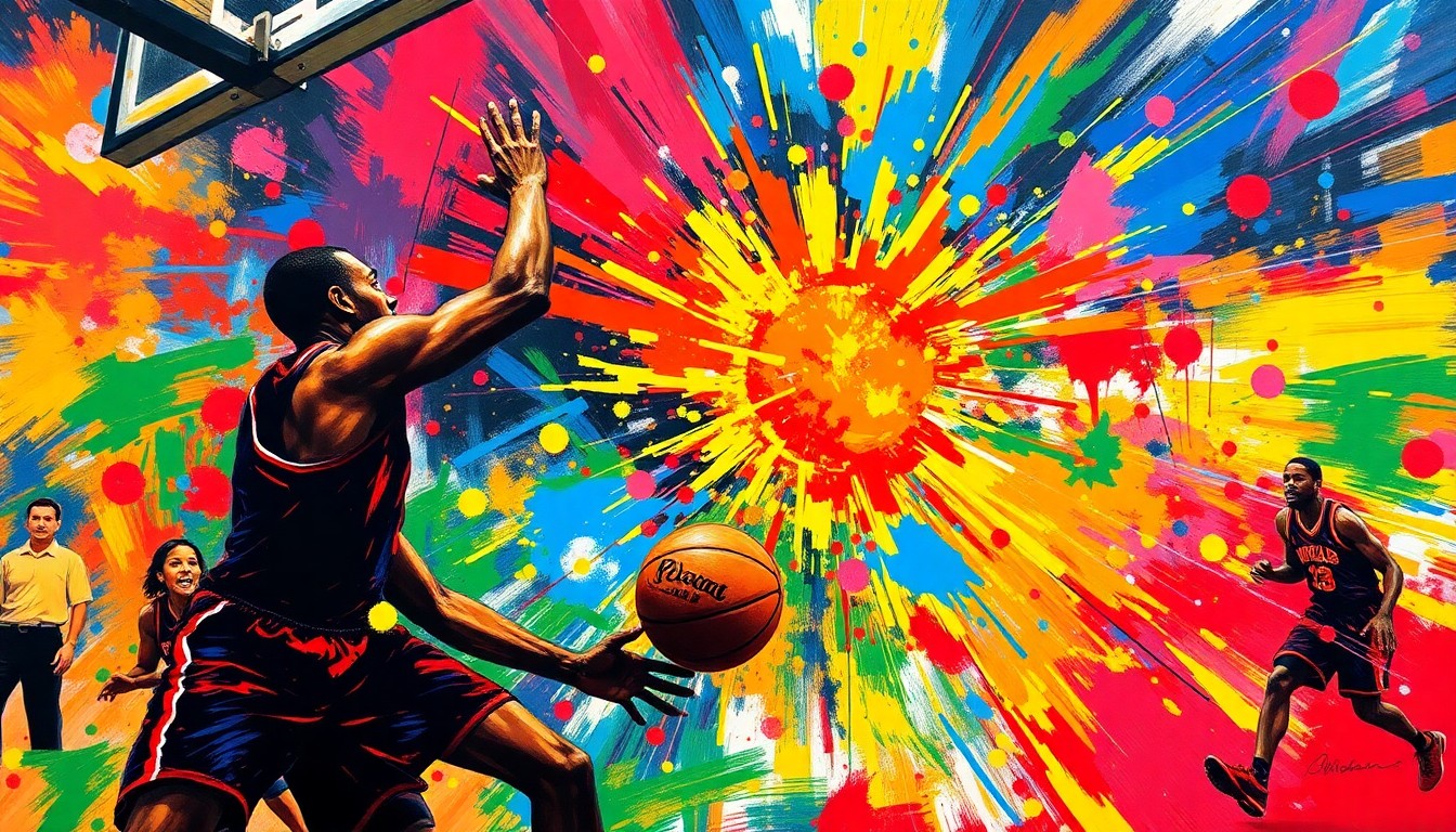 An abstract, energetic painting featuring bold brushstrokes and neon colors that capture the intensity of a basketball game, with players' forms and the ball blending into a dynamic, expressionistic composition.