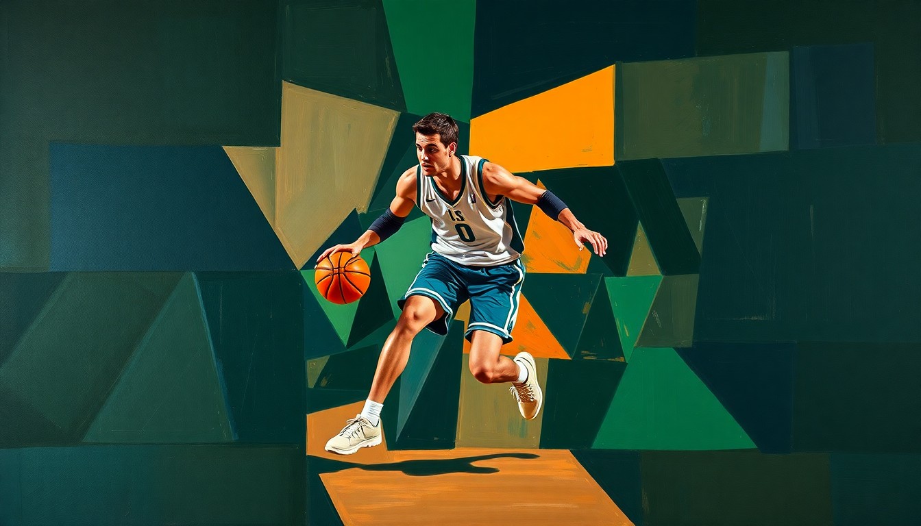 A fractured, cubist-style painting depicting the abstract movements and energy of a college basketball player, rendered in deep navy, forest green, and burnt orange brushstrokes.