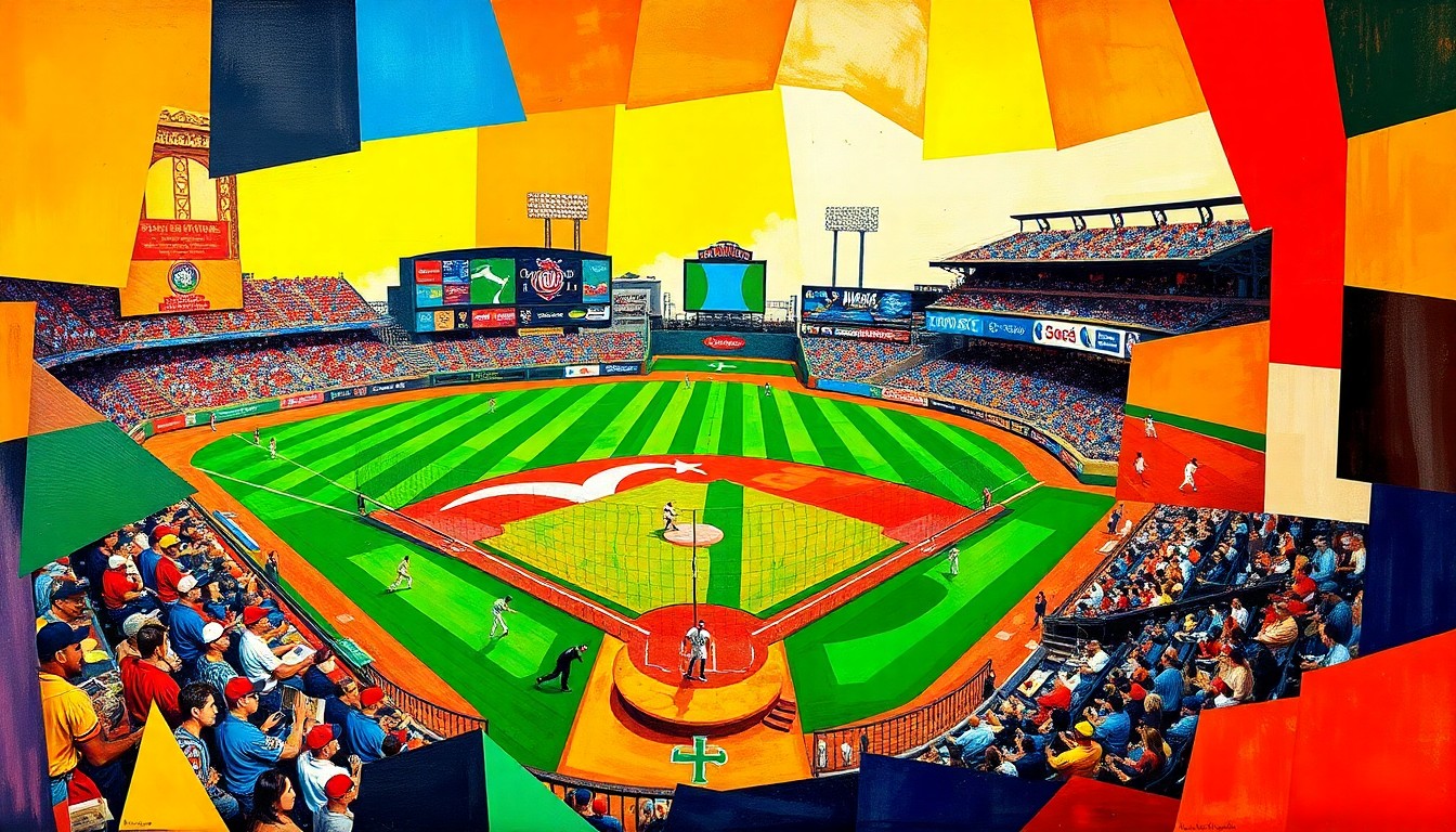A fragmented, cubist-style painting depicting a baseball game, with sharp geometric shapes and planes of the Brewers' navy blue and gold colors as well as the Red Sox's iconic red and white, conveying the high-energy and competitive nature of the close matchup.