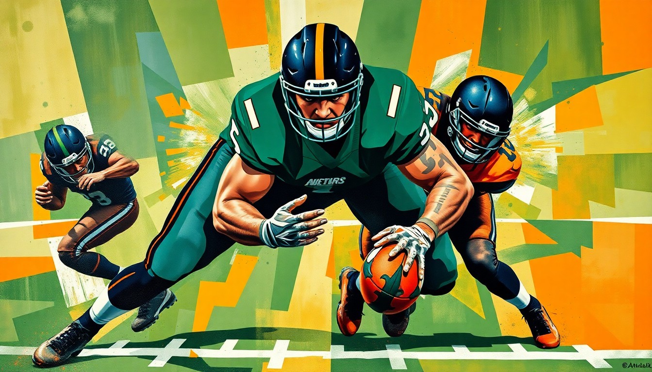A cubist, geometric painting depicting the explosive movements and collisions of a defensive lineman on the football field, with sharp planes of forest green, navy blue, and burnt orange.