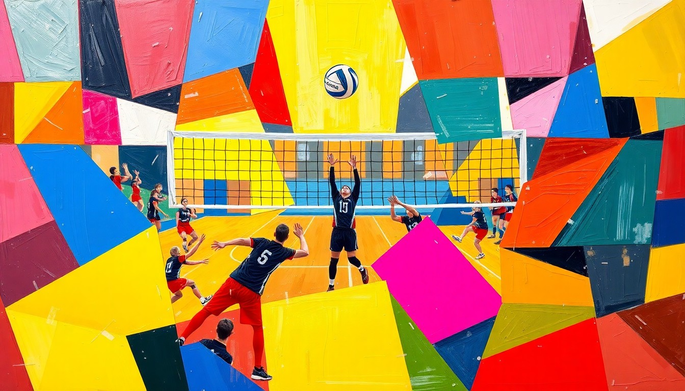 A cubist, geometric painting depicting a high school volleyball match, with the players and court broken down into sharp, overlapping planes of color representing the competing teams.