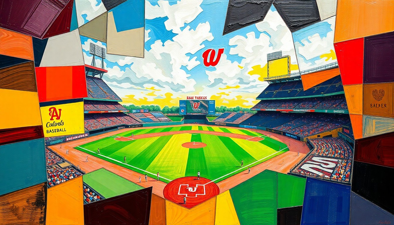 A cubist, geometric painting depicting a baseball game between two teams, with the players and field broken down into overlapping, angular shapes in the team's official colors.