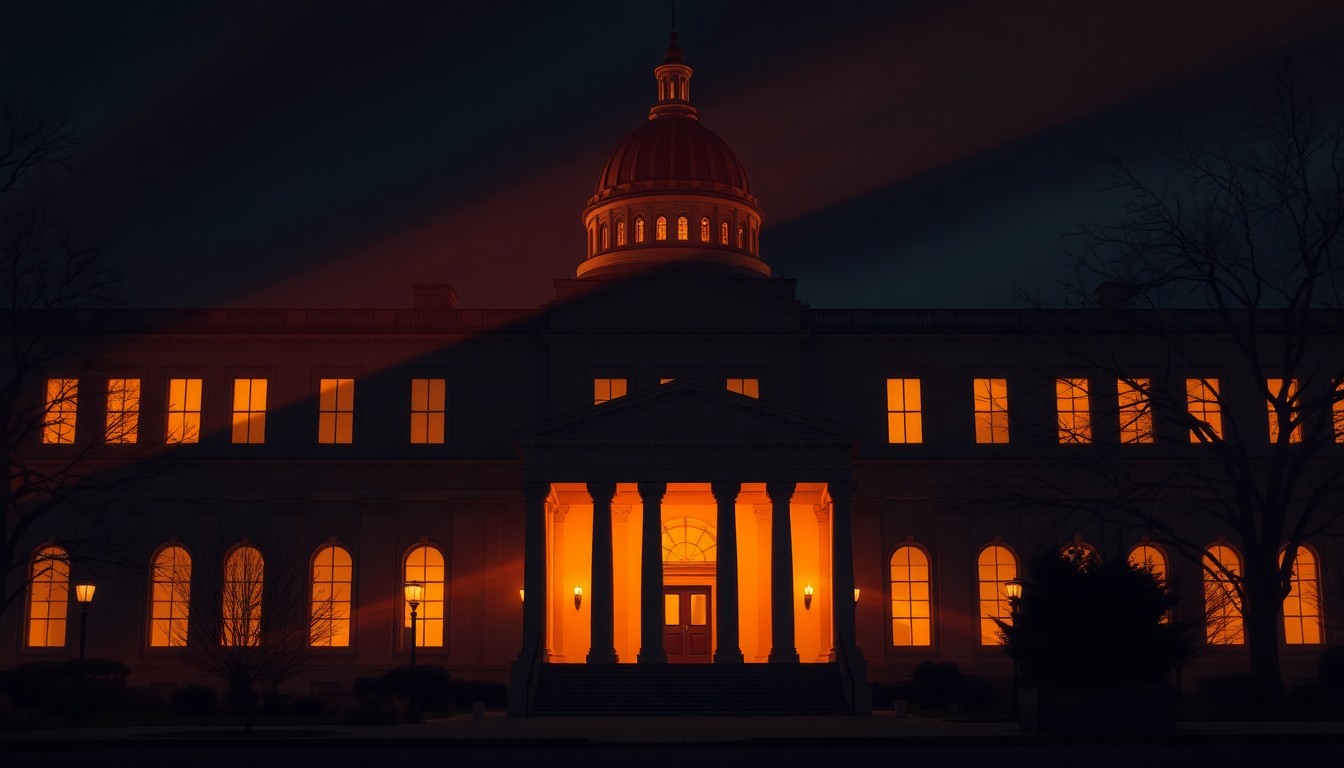 A quiet, cinematic painting of the exterior of a government building in Washington, D.C., with warm sunlight and deep shadows creating a sense of contemplative mood and political significance.