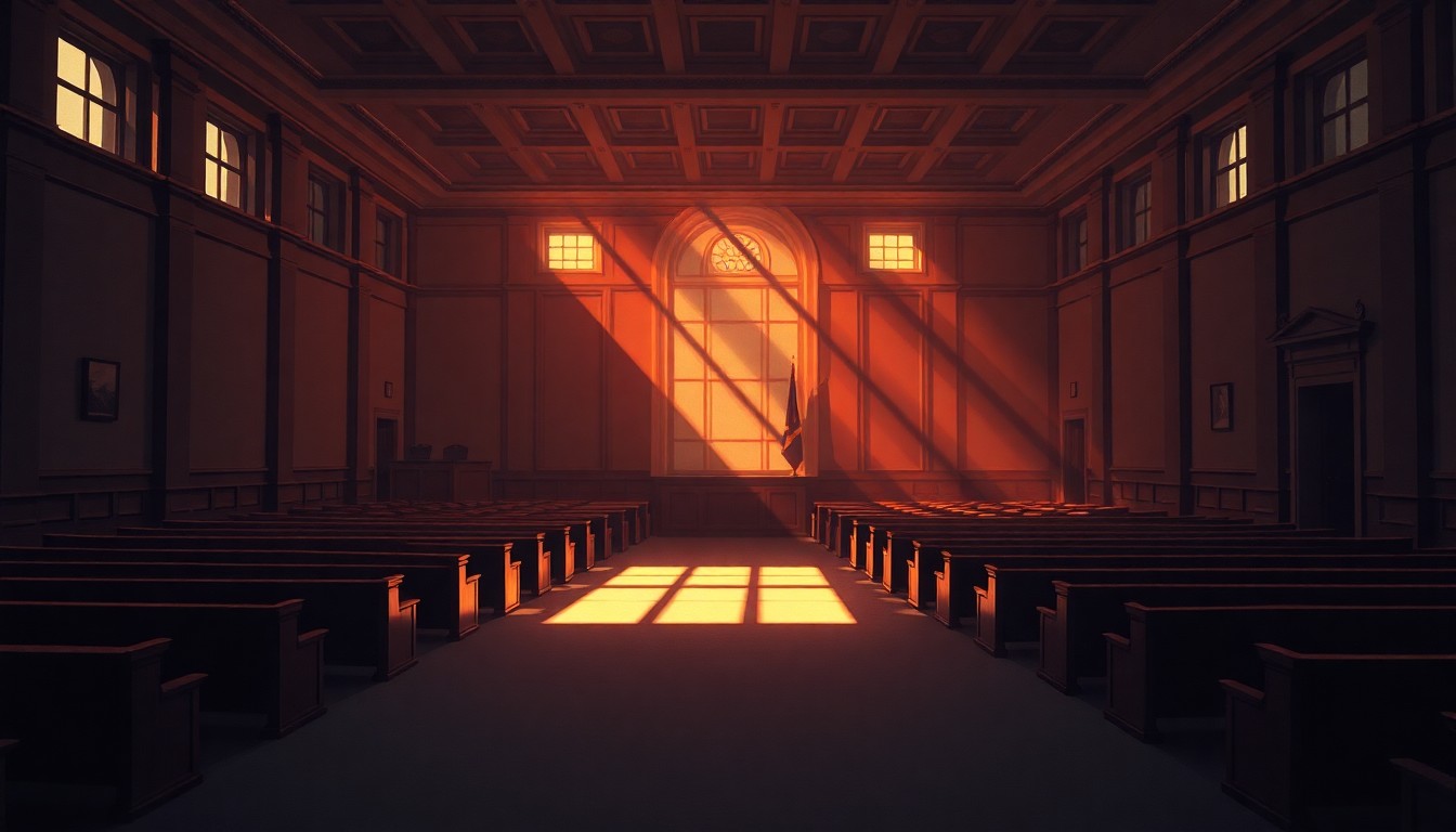 A serene, cinematic painting of an empty city council chamber, with warm sunlight streaming through the windows and deep shadows cast across the room, capturing the quiet contemplation of the democratic process.