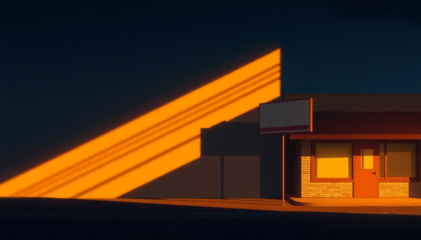 A serene, cinematic painting depicting a solitary political campaign sign or office space, bathed in warm, diagonal sunlight and deep shadows, conveying a sense of contemplation and civic duty.