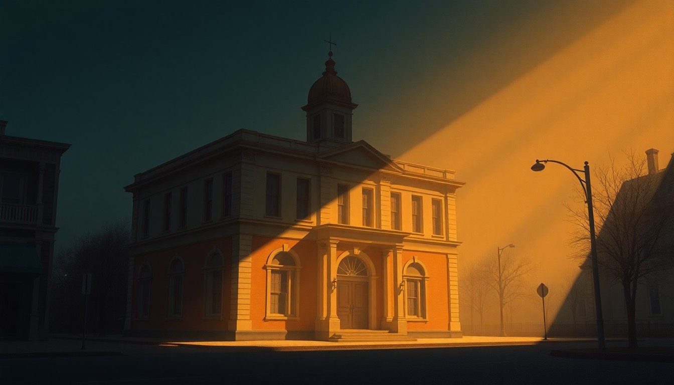 A serene, painterly depiction of a city hall building in warm, golden light, conveying a sense of civic duty and community connection.
