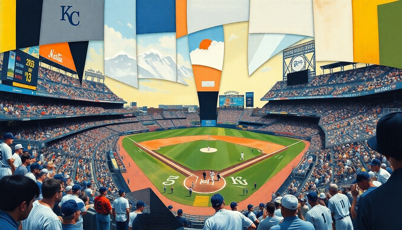 A fractured, multi-perspective painting breaking down a baseball game between two teams into sharp, overlapping geometric shapes and planes, capturing the raw energy and action of the sport through a cubist artistic lens.