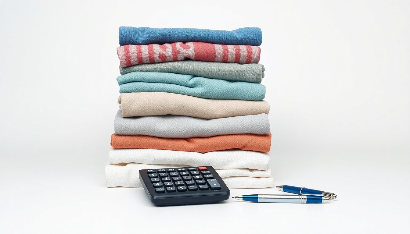 A photorealistic studio still life featuring a stack of neatly folded clothing, a calculator, and a pen on a clean, monochromatic background, representing the financial and operational aspects of Ollie's Bargain Outlet's business.