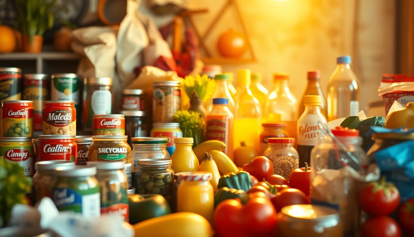 An abstract, out-of-focus photograph featuring a variety of food and household items in warm, golden light, conveying a sense of abundance and community.