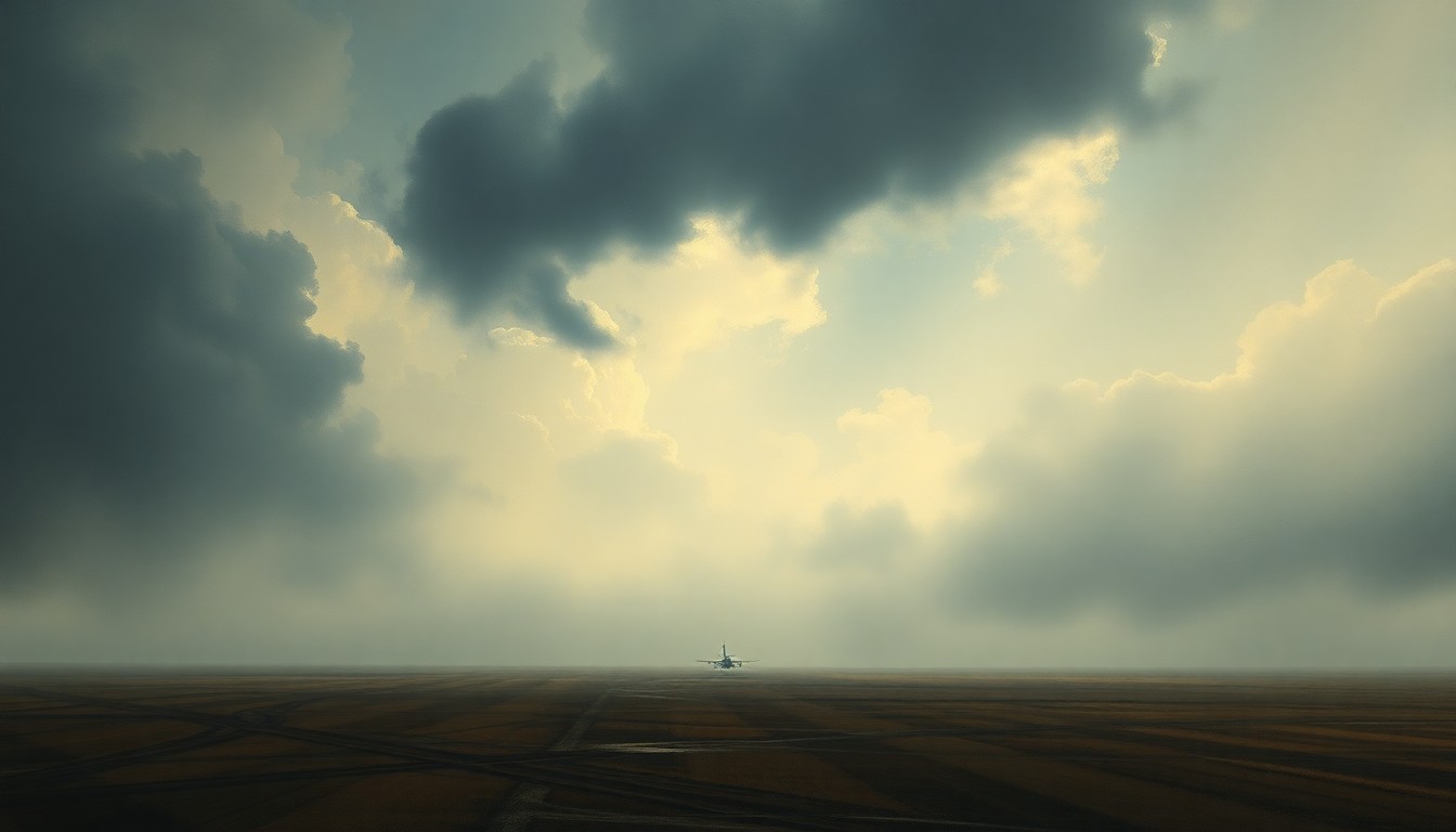 A sweeping, atmospheric landscape painting in muted tones of grey, blue, and white, depicting a stormy, fog-shrouded airfield with a lone jet aircraft barely visible in the distance, dwarfed by the overwhelming scale of the natural elements.