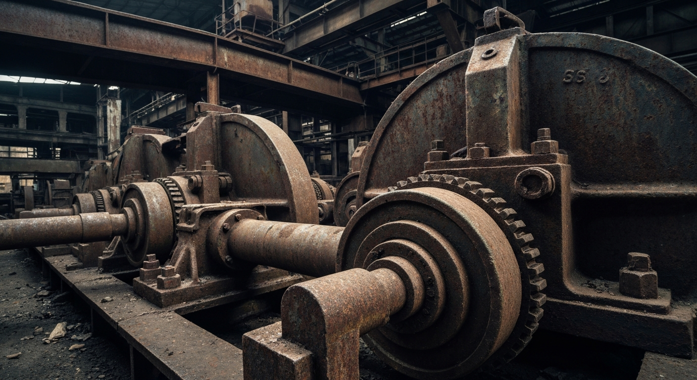 An extreme close-up of the intricate mechanical components of a railcar, conveying the industrial power and scale of the transportation industry without using any literal financial symbols or imagery.