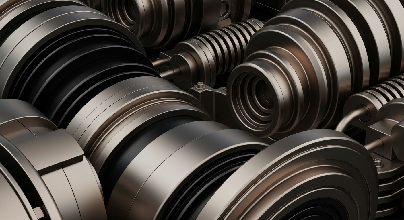 An extreme close-up of intricately engineered industrial machinery and components, conveying a sense of strength, security, and financial power without using any literal currency or banking symbols.