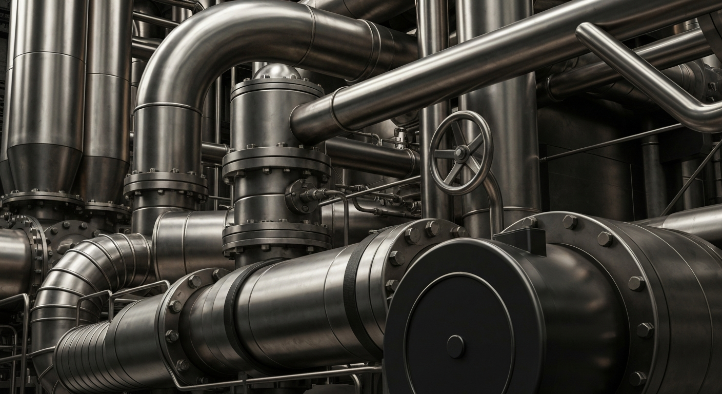 An extreme close-up of intricate, heavy industrial machinery and piping in shades of steel grey, bronze, and black, conveying the secure, powerful infrastructure of the specialty chemicals industry.