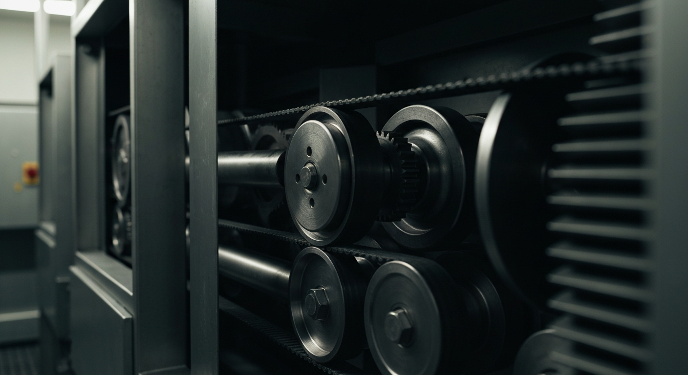 An extreme close-up of the intricate machinery and components inside a large, industrial food processing plant, conveying the scale and complexity of Hormel Foods' manufacturing operations.