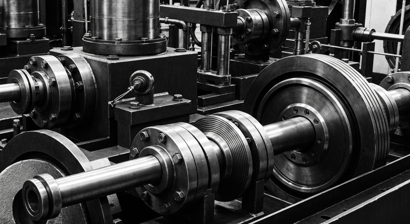 A high-contrast, black-and-white close-up image of the intricate machinery and equipment used in the manufacturing of industrial pumps, conveying a sense of the power, precision, and technical complexity involved in Gorman-Rupp's production processes.
