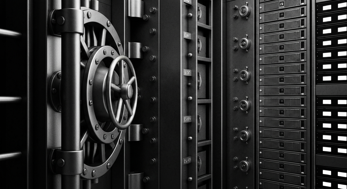 A high-contrast, close-up image of heavy, industrial banking equipment and infrastructure, representing the financial institution's stability and security.