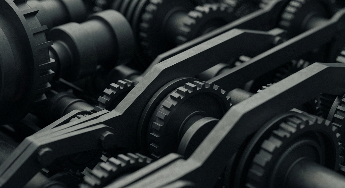 A highly detailed, textured close-up image of industrial machinery components in muted tones, conceptually representing the complex financial infrastructure behind software companies.