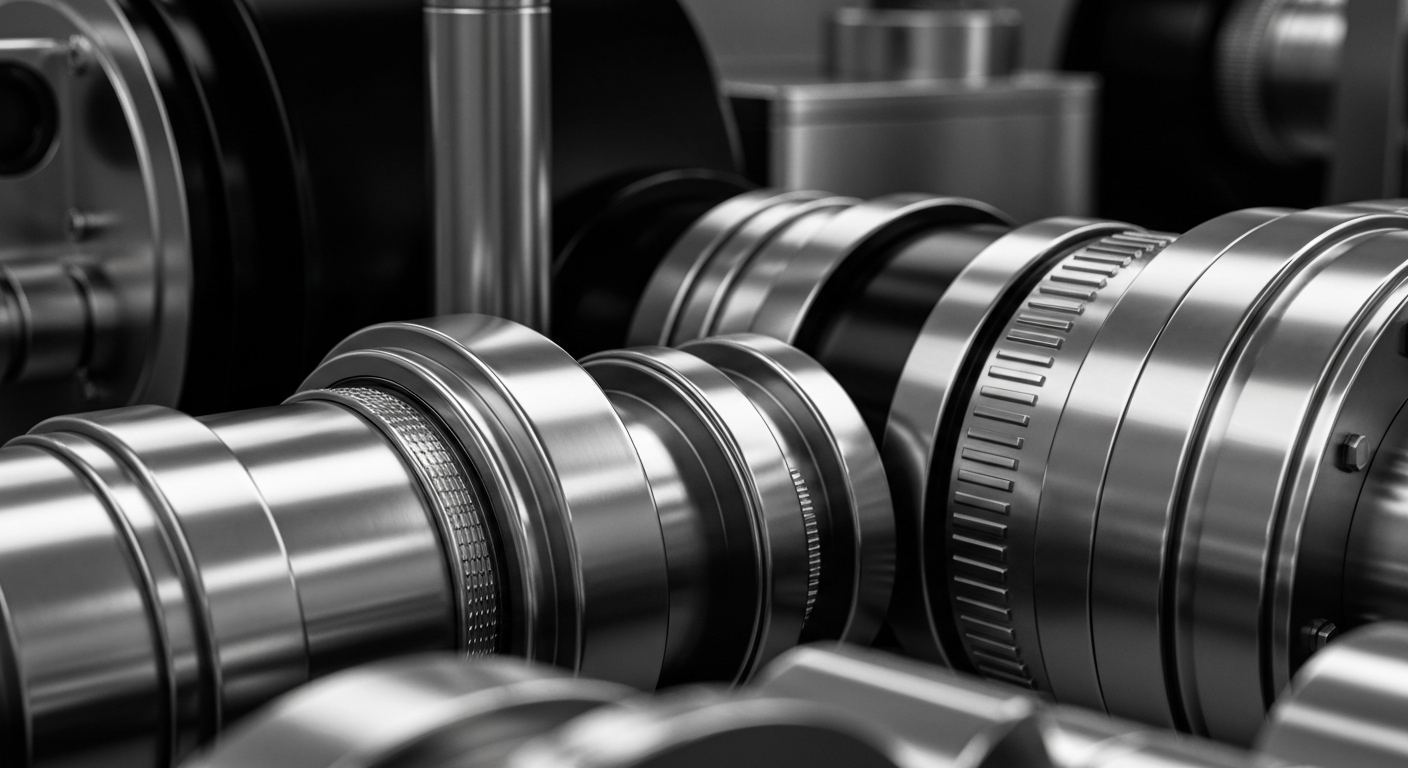 An extreme close-up of gleaming, intricate industrial machinery and equipment, conveying the tangible, heavy-duty nature of the banking and investment sectors.