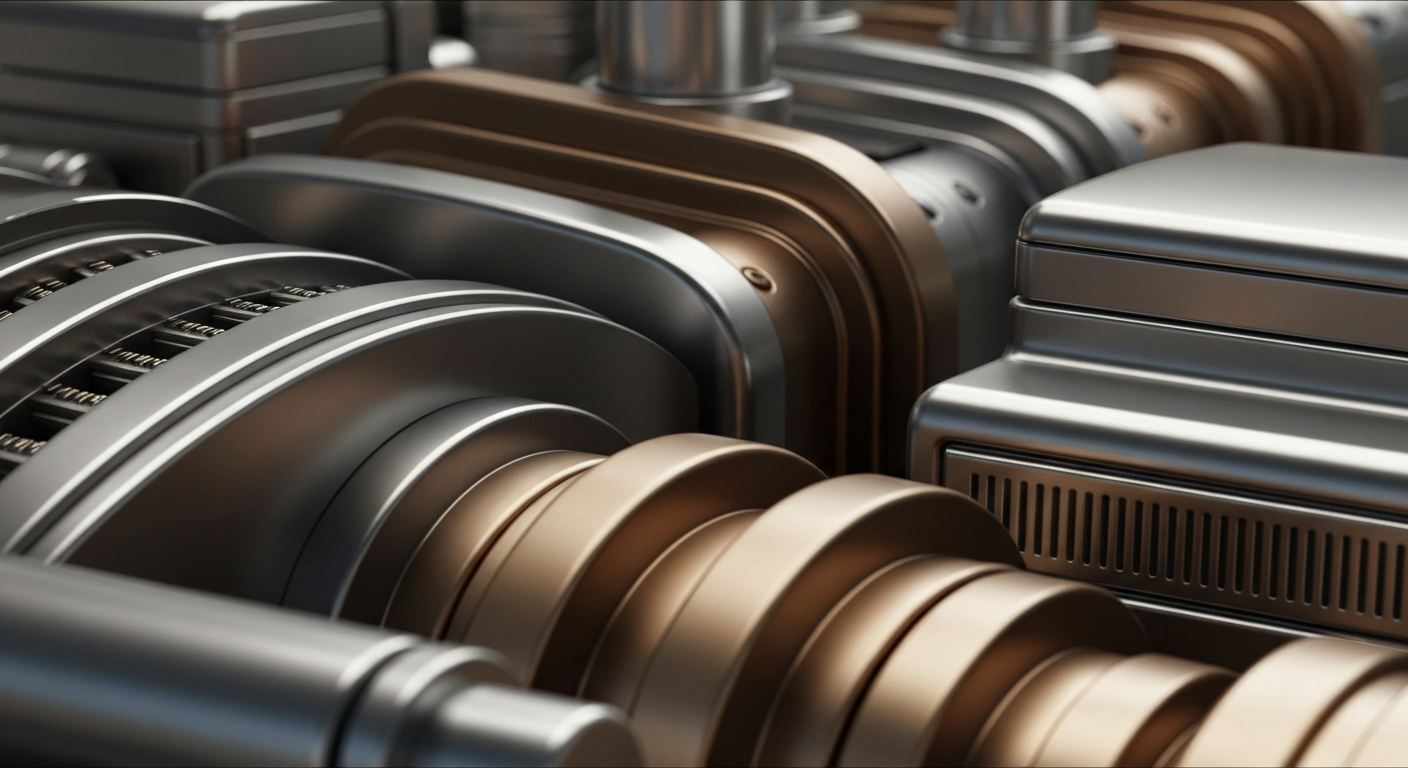 An extreme close-up of gleaming, industrial banking equipment and mechanisms, conveying the institutional financial underpinnings of the luxury resale market.