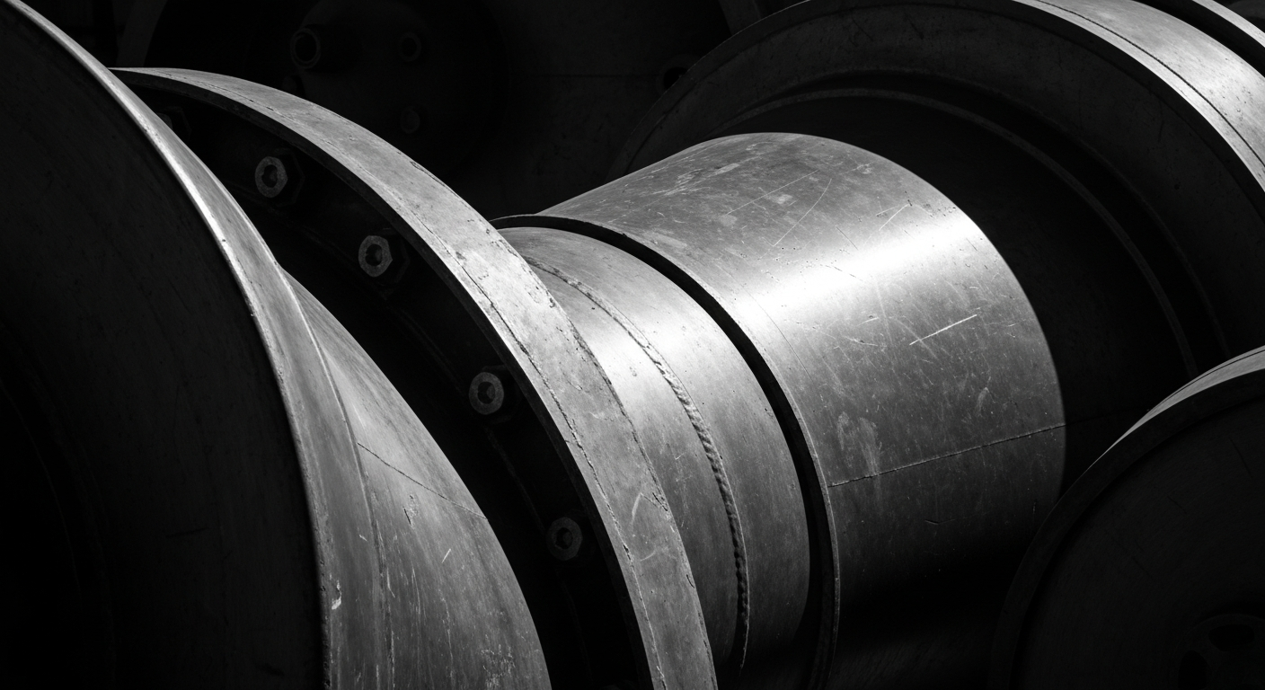 An extreme close-up of intricate, industrial oil and gas machinery, dramatically lit to create a sense of power and security in the financial sector.