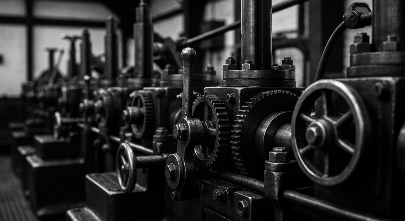 A highly detailed, black-and-white close-up photograph of the inner workings of a large, industrial banking machine, with a focus on the heavy, metallic components that represent the tangible infrastructure of the financial system.
