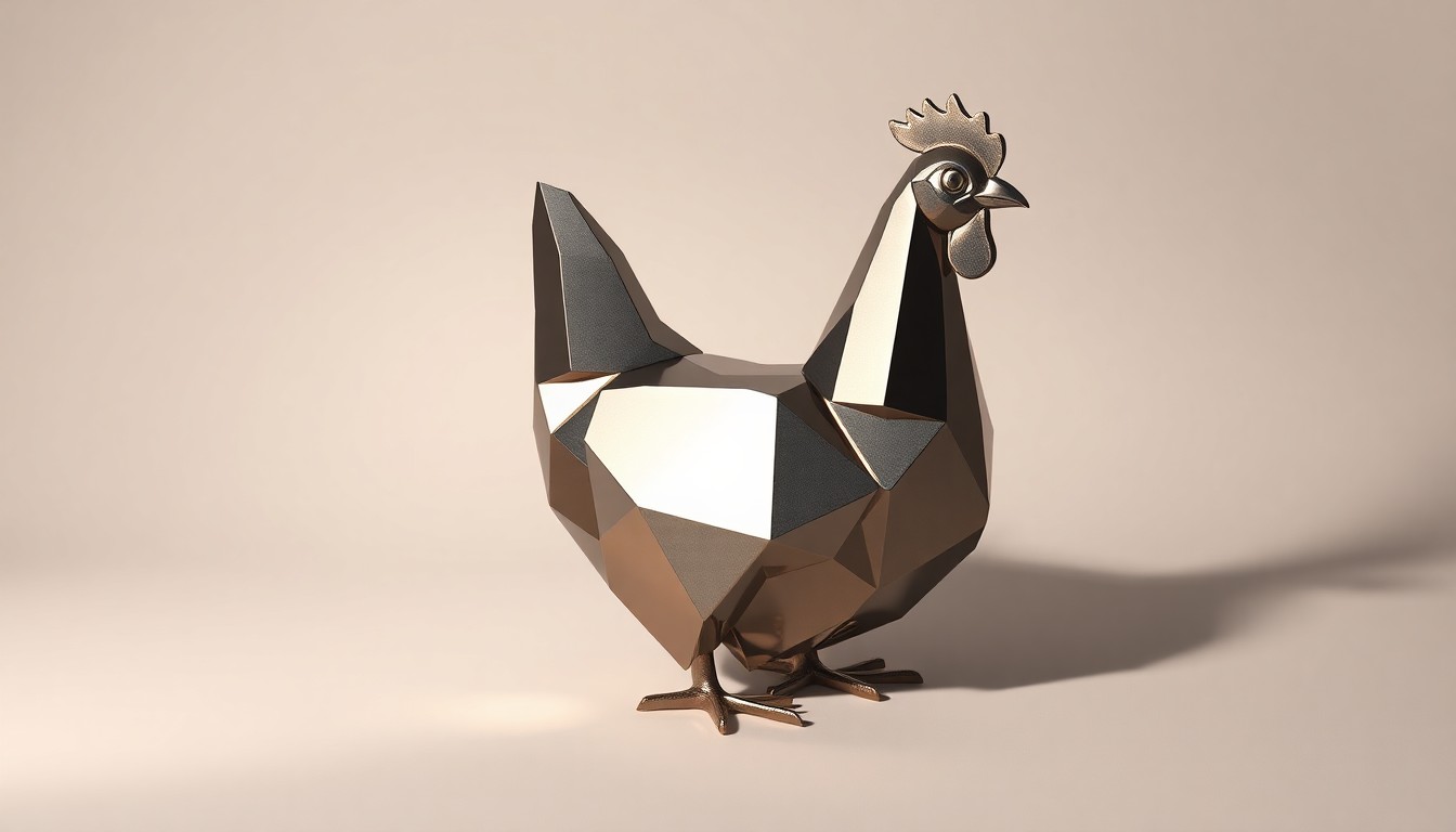 A highly stylized, photorealistic studio still life featuring a polished metal sculpture in the shape of a chicken, resting on a clean, monochromatic background and dramatically lit to convey the abstract concepts of corporate strategy and market performance in the poultry industry.