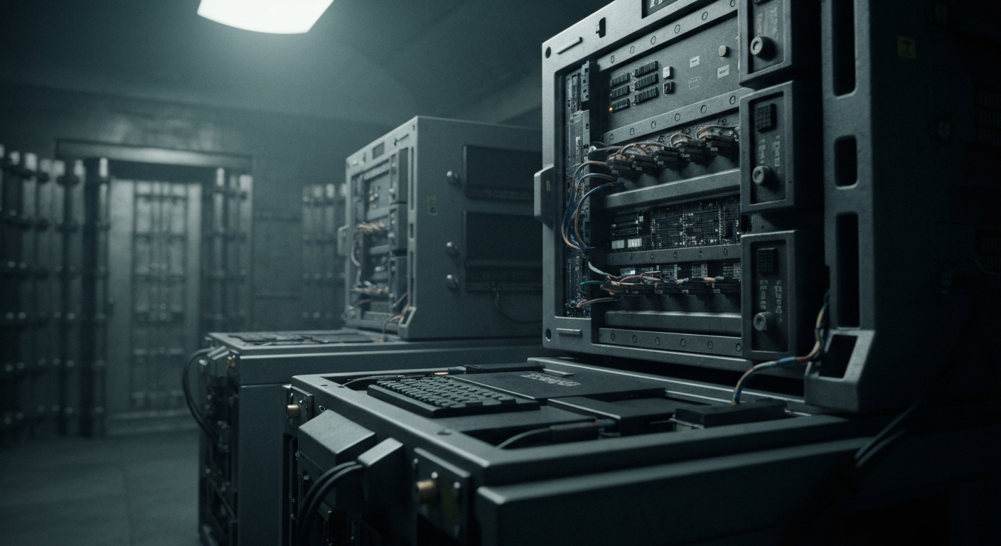 An extreme close-up of complex, industrial-grade computer components and banking machinery, conveying the heavy, physical nature of financial technology infrastructure.