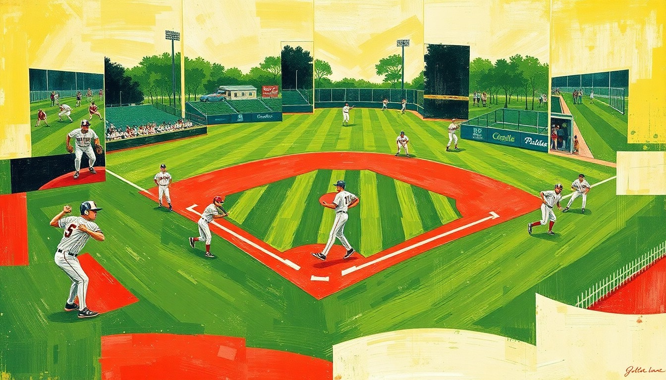 A cubist, geometric painting depicting the chaotic action of a high school baseball game, with overlapping planes of green, red, and white representing the field, players, and uniforms.