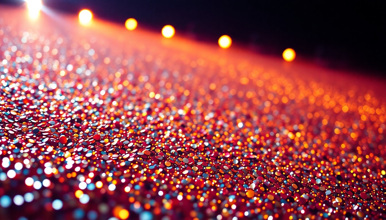 An abstract close-up photograph of shimmering, glittering sequins in dramatic high-contrast lighting, conceptually representing the glamour and energy of a major music festival.