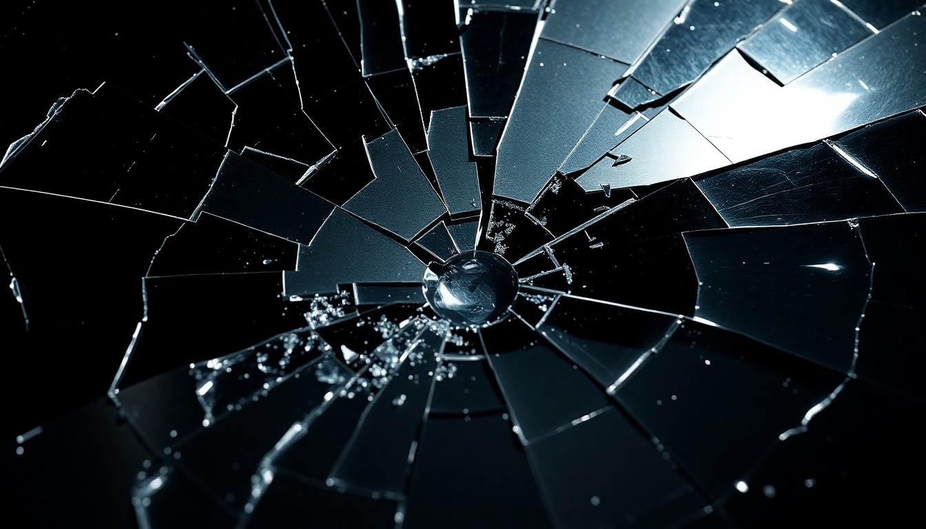 An abstract close-up photograph of a shattered, reflective surface in dramatic high-contrast lighting, conceptually representing the aftermath of a violent incident.